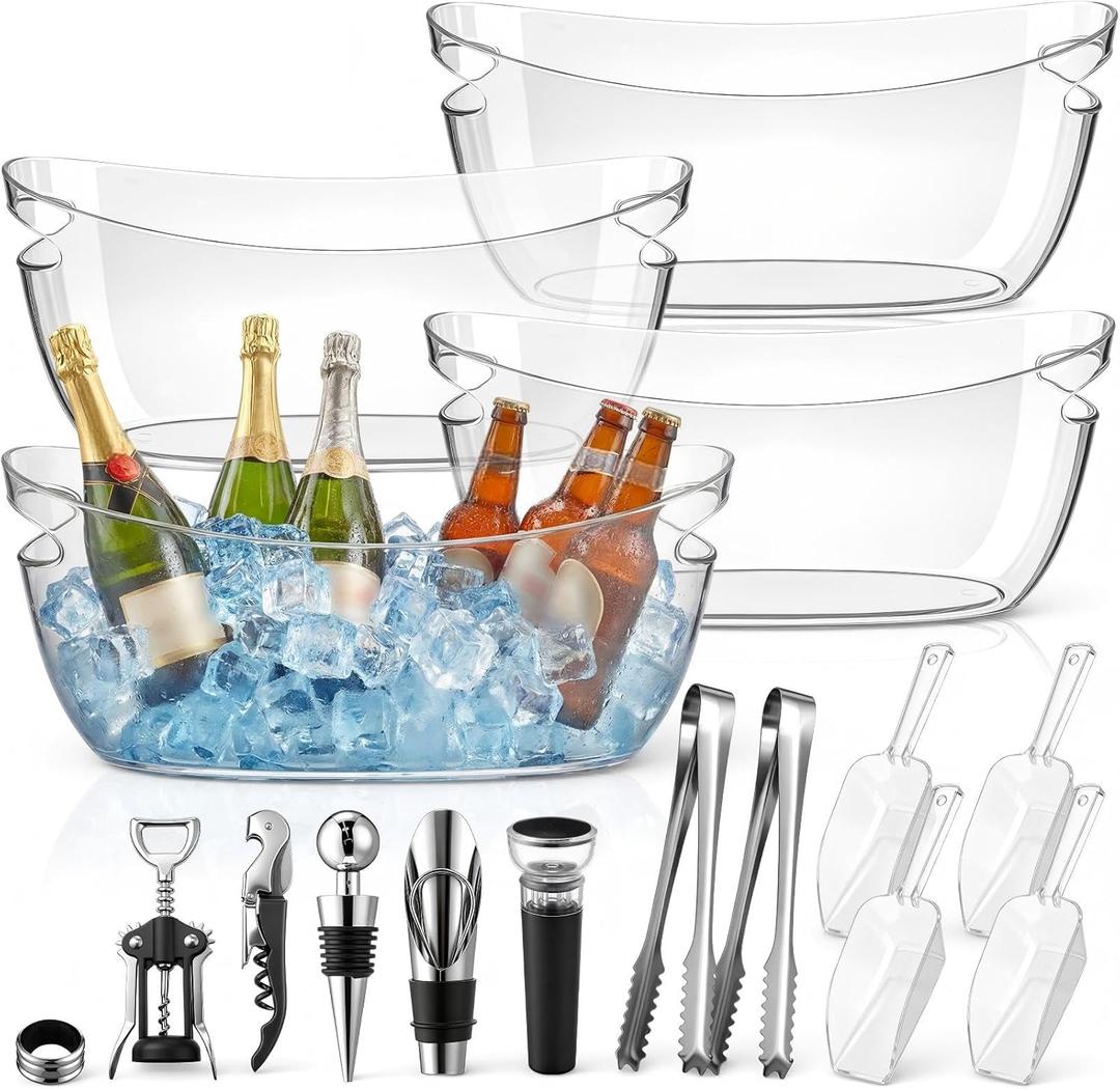 4 Pcs Ice Buckets for Parties Large 5.5L Clear Acrylic Beverage Tubs Portable Cooler Barrel with Scoops Tongs Wine Opener Vacuum Wine Stoppers Mimosa Bar Supplies for Champagne Beer Beverage