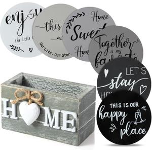 Queekay Coasters Set of 6 House Warming Gifts New Home Wooden Farmhouse Drink Coasters with Holder 4'' Funny Decoration for Kitchen Family Coffee Bar Tabletop Protection(Gray)