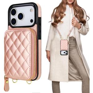 Bocasal Crossbody Wallet Case for iPhone 17 Pro, RFID Blocking PU Leather Zipper Handbag Purse Flip Cover, Kickstand Folio Case with Card Slots Holder Wrist Strap Lanyard 5G 6.3 Inch (Rose Gold)