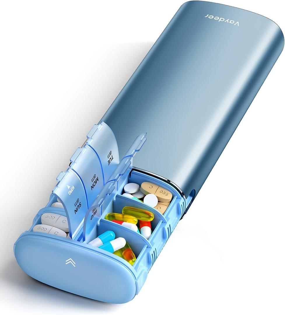 Vaydeer 7 Day Weekly Pill Organizer 2 Times a Day, Metal Am Pm Travel Pill Case, Large Capacity Twice Daily Cute Pill Box for Supplements, Pills, Vitamins and Medication (Blue)