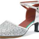 iCKER Womens Latin Dance Shoes Heeled Ballroom Salsa Tango Party Sequin Dance Shoes (7, Silver-rubber Sole)