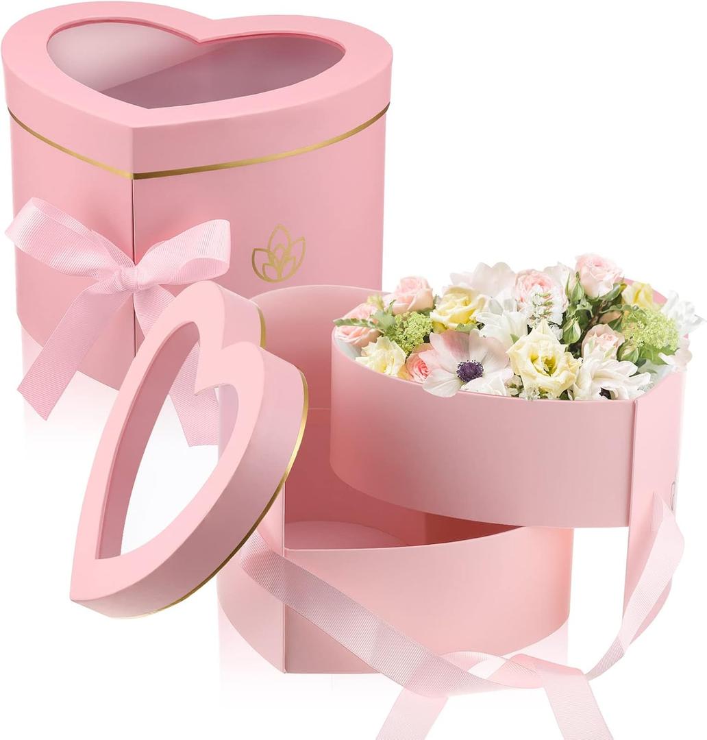 Nuanchu 2 Pcs Valentines Day Heart Shaped Flower Box with Transparent Window Paper Floral Boxes with Lids Ribbons Double Layers Rotating Gift Box for Arrangements, 9.1 x 7.9 x 6.5 Inch(Pink)