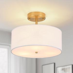3-Light Semi Flush Mount Ceiling Light Modern Gold Drum Light Fixtures with White Fabric Cover Shade Round Chandelier for Bedroom Living Room Kitchen and Hallway