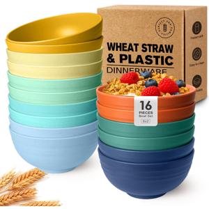 Teivio 16-Piece Cereal Bowls,26oz Wheat Straw Bowls Set, Unbreakable Durable Plastic Bowls for Kitchen, Camping, Kids Salad Snack Bowl Reusable, Dishwasher Safe, Multicolor
