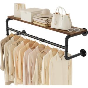 Yawinhe Industrial Pipe Clothing Rack with Shelves, Wall Mounted, Space Saving Closet Rod with 4 Bases, for Shops, Homes, 41.3''Lx10.2''Wx10.2''H, Rustic Brown, 1-Pack