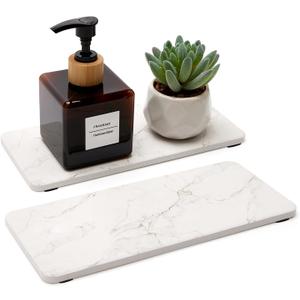 2 Pcs Water Absorbing Stone Drying Trays for Bathroom Sink Kitchen Counter Soap Dish Dispenser Sponge Holder White Ceramic Bathroom Vanity Quick Dry Stone Mat for Kitchen Sink Marble Diatomite Tray