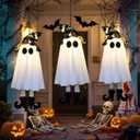 3 Pack Halloween Hanging Ghosts,Halloween Decorations Outdoor,19 inch Light Up Hanging Ghost with Witch Hat for Yard Patio Garden Tree