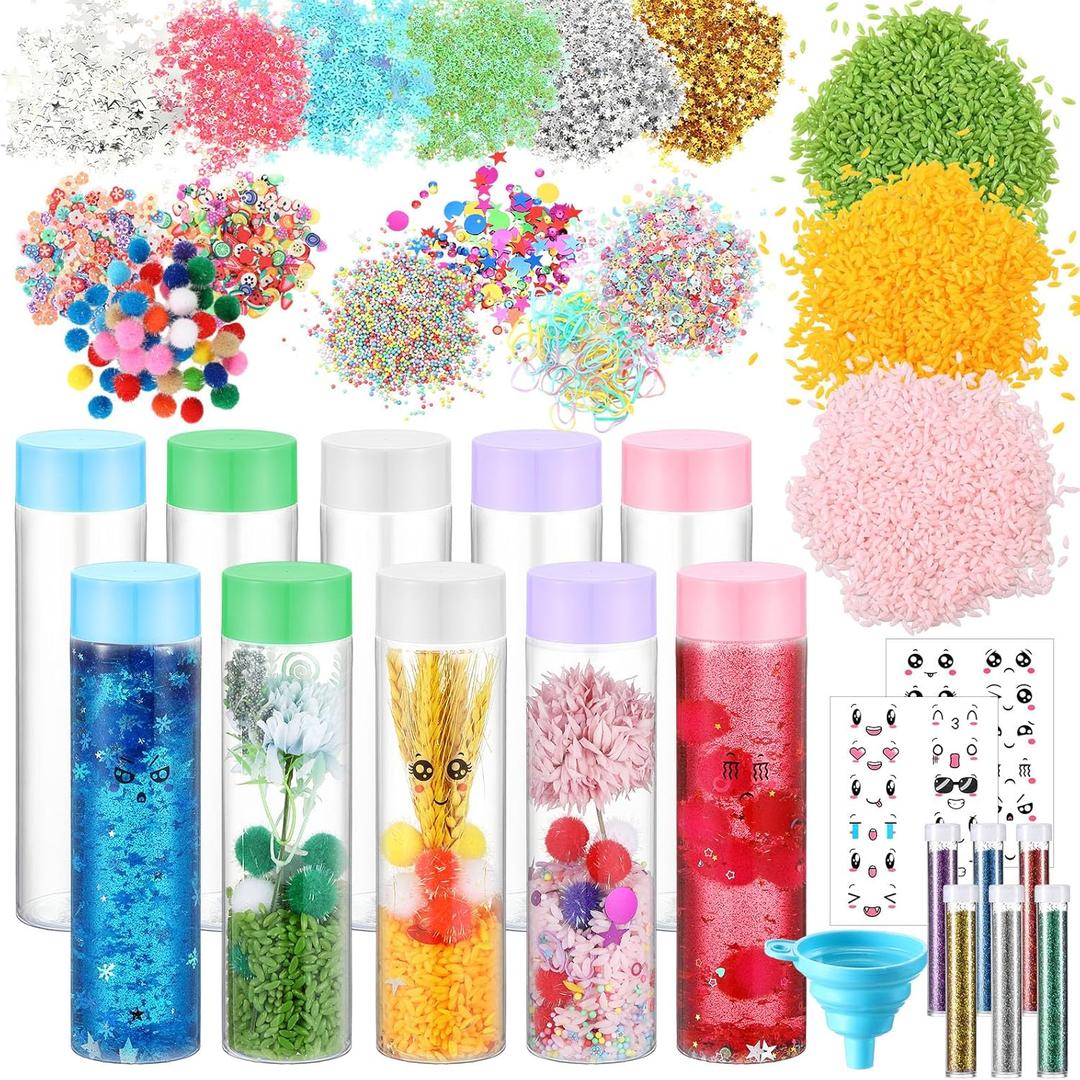 Baderke 10 Set Sensory Bottles Kits Valentine's Day Party Supplies Empty Plastic Bottles Funnel Rice Stars Sequins Clay Slices Stickers Glitter Powder Colored Foam Balls for DIY Art Fun Crafts