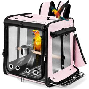Suertree Bird Carrier with Seat Belt for Car Travel, Bird Backpack Carrier with Indestructible Stainless Steel Mesh, Large Bird Carrier Travel Cage, Pink