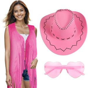 Cowgirl Outfits for Women 60s 70s Hippie Sleeveless Fringe Vest with Cowboy Hat and Sunglasses Halloween Costumes (Pink), Size XL