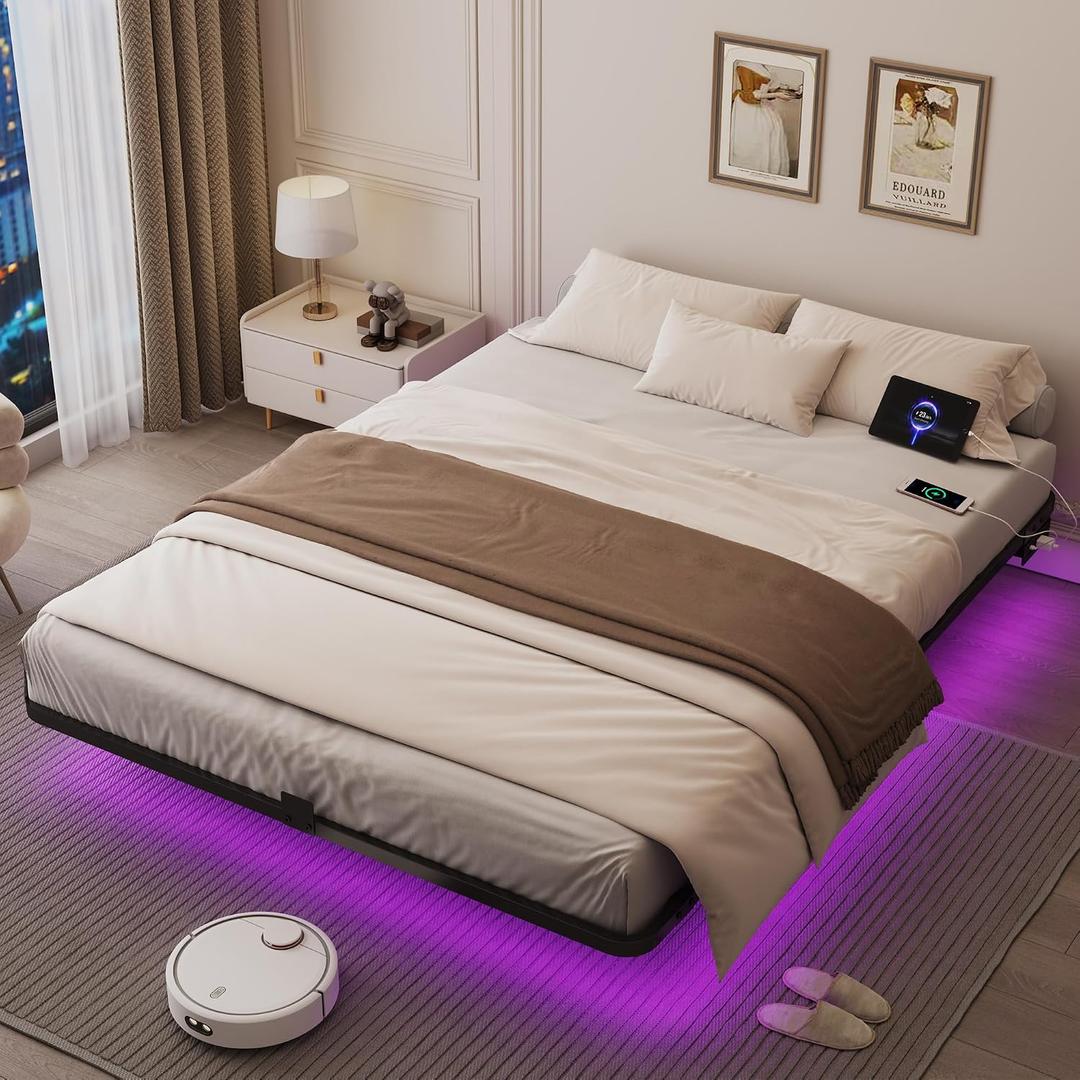Queen Size Floating Bed Frame with Smart LED Lights & Charging Station, Heavy Duty Metal Platform Bed, 6" Low Profile Design, No Box Spring Needed, Noise-Free Modern Mattress Foundation