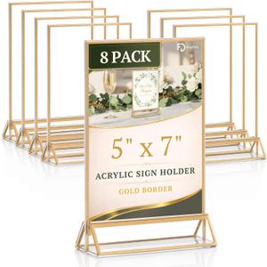 Daofary Acrylic Sign Holder 5x7, 8 Pack Double Sided Clear Gold Frame Tabletop Display, Menu Flyer Table Number Holder for Wedding Reception and Restaurant Tables