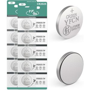 YFCN CR2025 Battery 3V Lithium Battery 10 Count Pack CR2025 Batteries for Key Fobs, Remote Control, LED Candles, Thermometers - CR 2025 Coin Cell Batteries - 5 Years Shelf Life