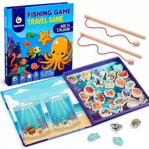 Magnetic Fishing Game Book for Kids Ages 3-8, Travel Toys for Toddlers 3-5, Road Trip and Airplane Activities, Quiet Portable Car Ride Toy with 2 Poles and 27 Ocean Fish
