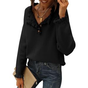 BTFBM Womens Sweaters Fall Winter Clothes 2025 Long Sleeve Button Down Ruffle Crew Neck Casual Knitted Pullover Tops (Large, Solid Black)