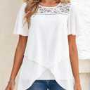Women's White Lace Neck Short Sleeve Blouse Layered Asymmetric Hem Casual Top (5X-Large)