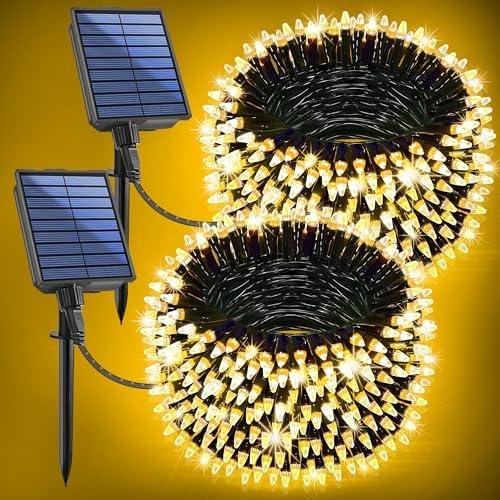 2-Pack 200FT Solar String Lights for Outside, 600 LED Extra-Bright Solar Light Outdoor with 19 Modes & Timer, Waterproof Fairy Solar Lights for Garden Patio Tree Christmas Decorations (Warm White)