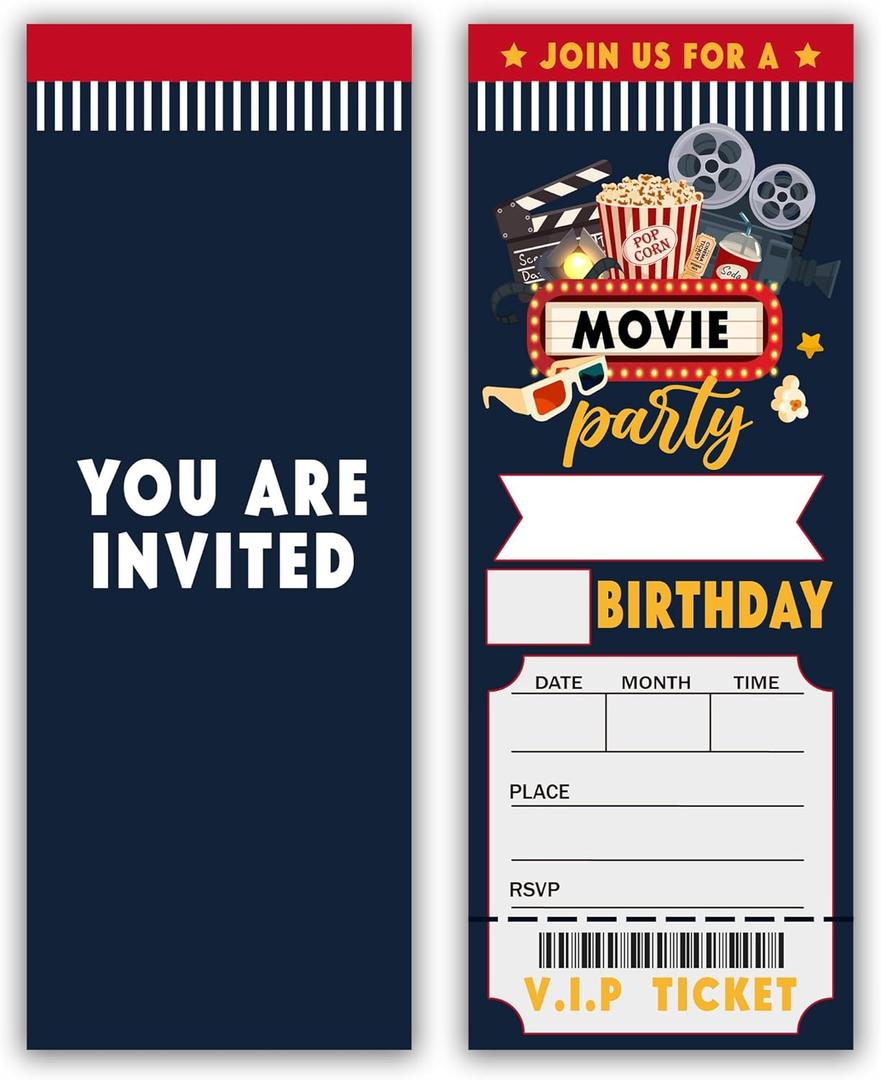 Movie Tickets Birthday Party Invitations, 20 Pcs Movie Night Invitations with Envelopes, Double-Sided Design Fill In Invite for Boy Girl, Theme Birthday Party Decorations-C02