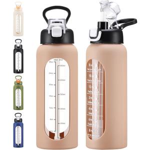32 oz Glass Water Bolttles with Straw Large Motivational Water Bottle with Time Marker Sports Water Bottles with Silicone Sleeve and Handle Lid Water Jug for Gym Workout (Amber)