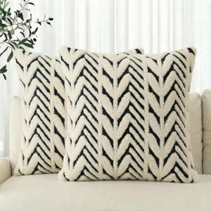 AVOIN colorlife Black White Stripe Beige Throw Pillow Covers, 18 x 18 Inch Holiday Soft Plush Faux Fur Jacquard Cushion Case Decoration for Home Sofa Couch Set of 2