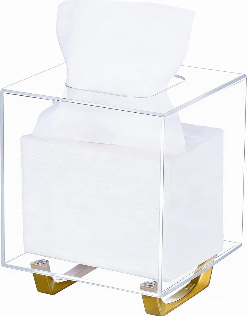 HBlife Clear Tissue Box Cover Square Acrylic Tissue Box Holder with Gold Plated Legs Napkin Dispenser Dryer Sheet Container for Bathroom