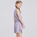 Girls 2 Piece Outfits 2025 Trendy Clothes Summer Cute Sleeveless Tops Shorts Clothing Sets Activewear (Purple)
