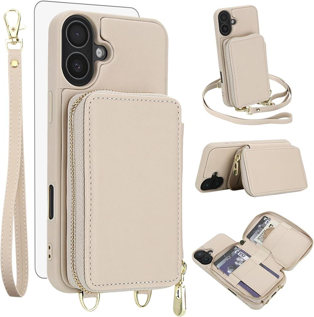 Phone Case for iPhone 16 Plus 6.7 inch Wallet Cell Cover with Tempered Glass Screen Protector Crossbody Strap Lanyard RFID Blocking Credit Card Holder i Phone16 16+ i16 + 16Plus Women Men Girls Beige