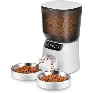 Automatic Cat Feeders for Two Cats, 5L/20 Cups Double Automatic Cat Food Dispenser with 2 Stainless Bowls, Timer Setting 20 Portions 6 Meals Per Day, 10s Meal Call (White)