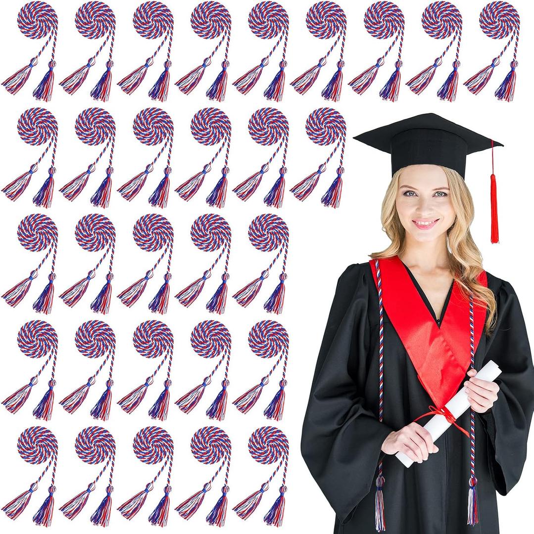 Woanger 30 Pcs 2026 Graduation Cords 67 Inch Braided Honor Cord with Tassels for College Graduation Students Bachelor Master Doctor Grad Decor(Red Blue with White)