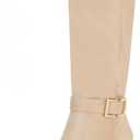 Coutgo Womens Knee High Boots Stiletto Heels Suede Pointed Toe Wide Calf Metal Buckle Side Zipper Winter Boots (11, Nude)