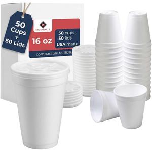 16 OZ Foam Cups With Lids for Hot & Cold Drinks, USA-Made 50-Pack.Ideal Styrofoam Coffee Cups, Insulating To-Go Cups for Soda, Tea, Juice - Sturdy, Disposable & comparable to Industry standard 16J16
