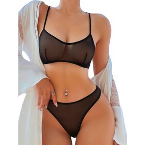 SOLY HUX Women's Mesh Solid Sheer See Through Lingerie Set Sexy Lace Bra and Panty 2 Piece (Small, Solid Black)