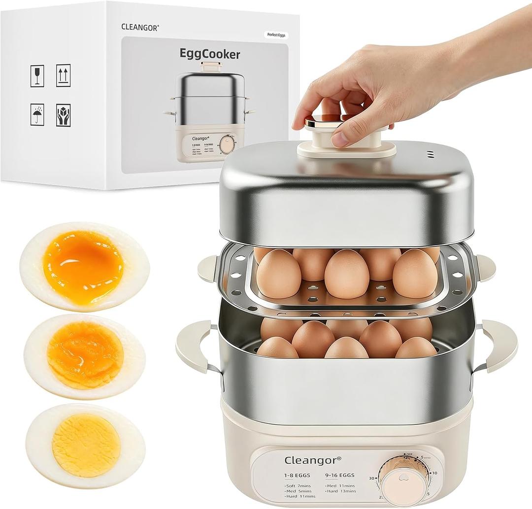 Hard Boiled Egg Steamer 16 Eggs, 304 Stainless Steel, Auto Shut Off | 350W heating, 30-min timer, 2-tier (8 per layer, 16 total), dishwasher-safe, BPA-free, for meal prep, breakfast, camping