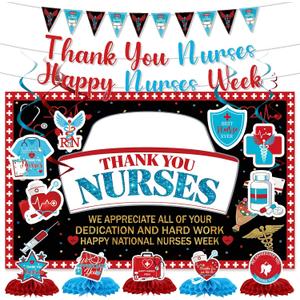 Happy Nurses Week Decorations - 15 Pcs 2026 Nurse's Day Appreciation Party Supplies Favors Pre-strung Thank You Nurse Banners Backdrop Garland Hanging Swirls Honeycomb Centerpieces Decor