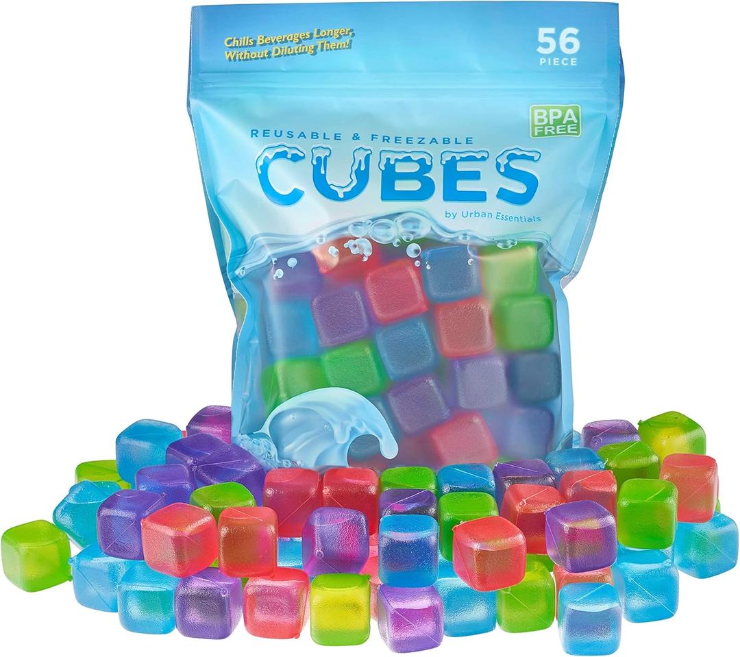 Urban Essentials Reusable Ice Cubes - Quick Freeze Colorful Plastic Square Ice cubes With Resealable Bag Assorted Colors Pack Of 56