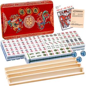 American Mahjong Set 24MM Green Small Mahjong Set Consists of 174 Tiles, Mahjong Box, 4 Mahjong Rack, Game Manual and 3 Dice