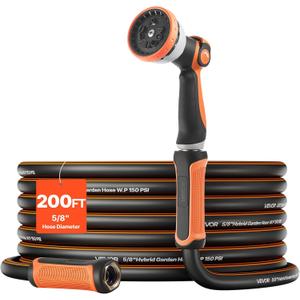 VEVOR Garden Hose, 200 ft 5/8" Heavy Duty Rubber Water Hose with 10 Mode Nozzle, 150PSI Working & 600PSI Burst, Flexible & Non-kink Outdoor Waterhose with 3/4" Fitting, Lightweight Hoses for Gardening