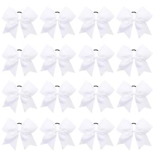 16PCS 8" Large Cheer Hair Bows Ponytail Holder Elastic Band Handmade for Cheerleading Teen Girls College Sports (White, 1 Count (Pack of 16))