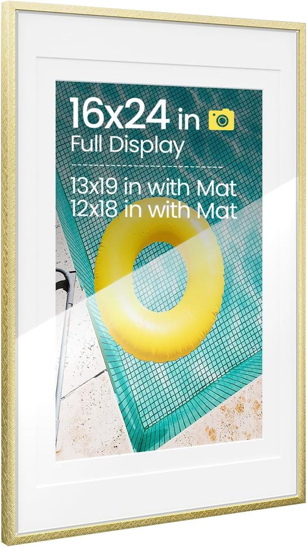Heimlove Aluminum Metal 16x24 Picture Frames with Double Mat to Display 13x19 Picture and 12x18 Picture,Gold Picture Frames & Real Tempered Glass for Family Photo, Document to Hanging Wall Mounted, Single Gol