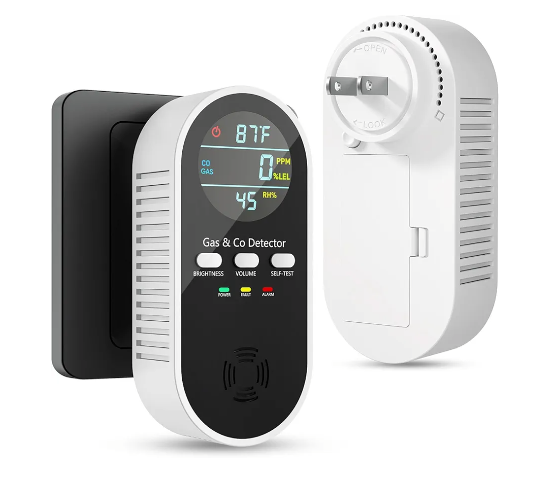 5in1 Combination Natual Gas Detector & Carbon Monoxide Alarm,ACPlugin Explosive Gas&CO Detector with Adjustable Volume & Brightness,Battery Backup,Temperature(°F)&Humidity Sensor for Home,RV,Hotel