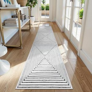 LIVEBOX Hallway Runner Rug 2.5x12, Modern Geometric Washable Kitchen Runner Rugs, Non Shedding Indoor Carpet for Entryway Laundry Room Bathroom (03-ivory/Black)