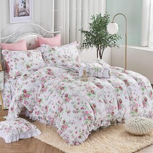 ABREEZE Pink Rose Duvet Cover Set Queen Size Girls Duvet Covers Ruffled Bedding Set Farmhouse Bedding Cotton Bedding Set 3 Pieces