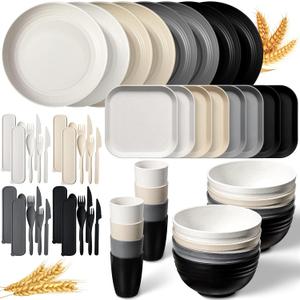 Wheat Straw Dinnerware Sets Unbreakable Plates and Bowls Microwave Safe Plastic Lightweight Knives Forks Spoons for Kitchen Outdoor Camping Party(Classic Color, 64 Pcs)