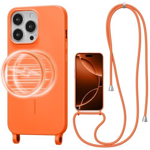 UCASONG Magnetic Crossbody Case for iPhone 16 Pro 6.3", Liquid Silicone Case with Adjustable Shoulder Neck Lanyard Strap,[Compatible with MagSafe] Shockproof Protective Phone Cover-Orange