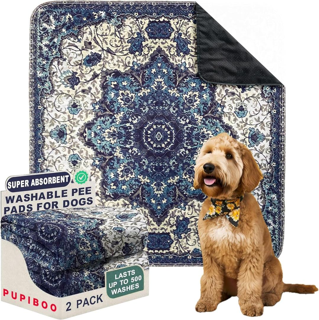 PUPIBOO Washable Pee Pads for Dogs and Cats - Super Absorbent Reusable Puppy Training Pads - 100% Waterproof, Leak-Proof & Non-Slip Whelping Pads for Pet Housebreaking (24 x 36 Inch (Pack of 2), Blue Medallion)