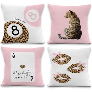Trendy Preppy Pink Cheetah Throw Pillow Covers 18x18inches Set of 4, Funky Leopard Decorative Pillowcase Cases, Coquette Lips Throw Pillow Covers for Girly Room College Dorm Apartment Decor