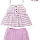 SUNNY PIGGY Toddler Baby Girls Summer Clothes Infant Newborn Outfits Stripe Tank Top Shorts Set, 6-12 Months