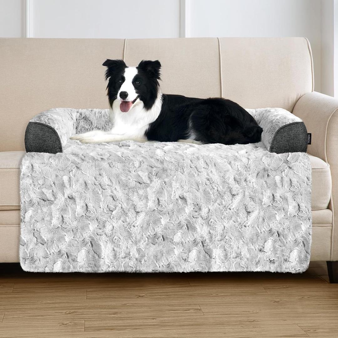 Calming Large Dog Bed for Couch, 41 x 37 inch Removable Couch Cover for Dogs Washable, Non-Slip Fluffy Plush Dog Sofa Mat for Furniture Protector - Grey