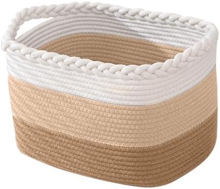 Cotton Rope Storage Basket, Rectangle Woven Baskets with Handles for Shelves, Home Organizer Storage Bins Cubes, Toy Laundry Towel Basket for Living Room Bathroom, 15x10x9.5 Inches, Pack of 1