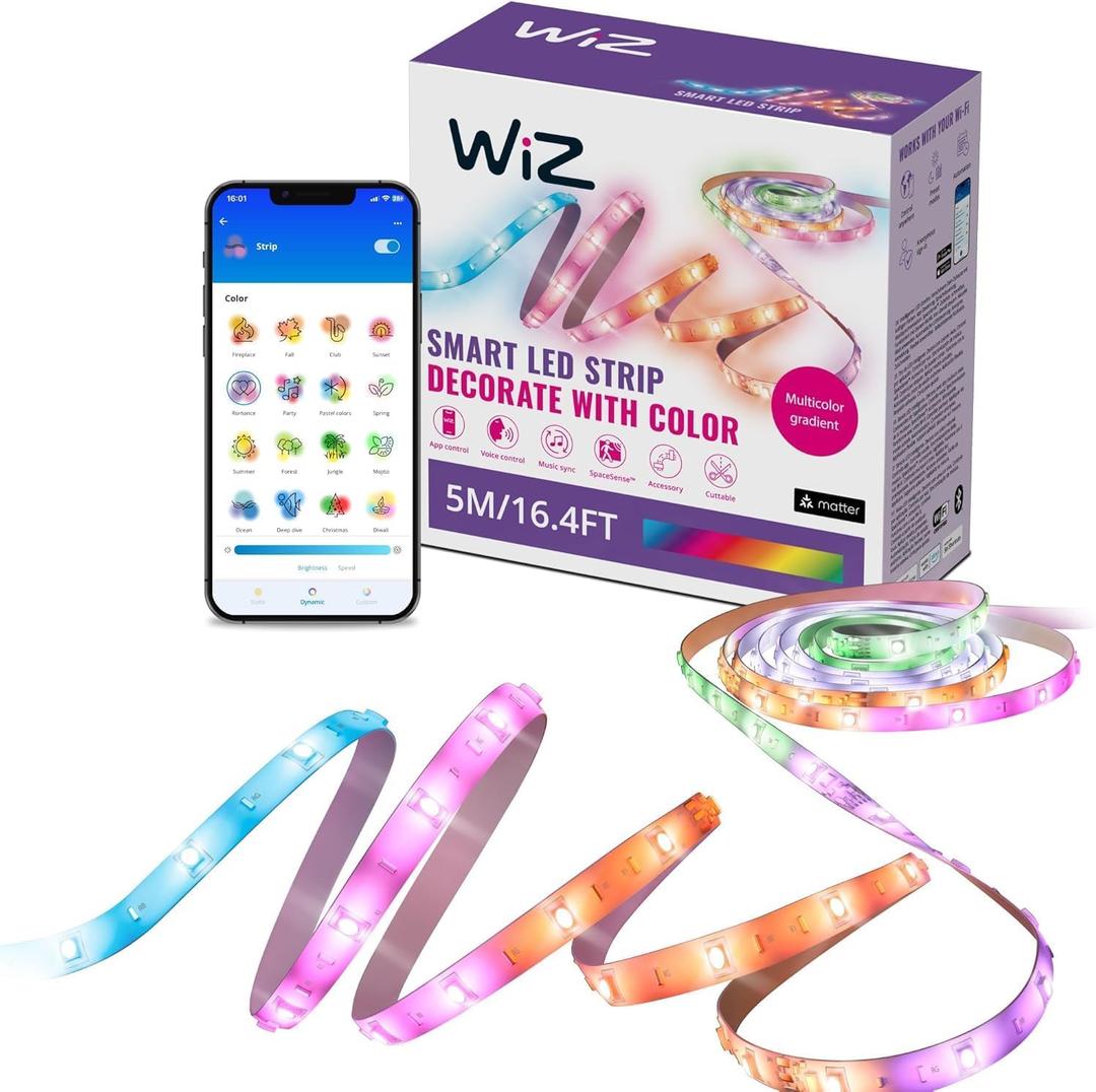 WiZ Connected 16.4 ft LED Light Strip For Your Smart Home, Flowing Multicolor LED Lights, Color-Changing RGBIC Lighting, Cuttable, Voice/App Control, Works with Google Home, Alexa and HomeKit